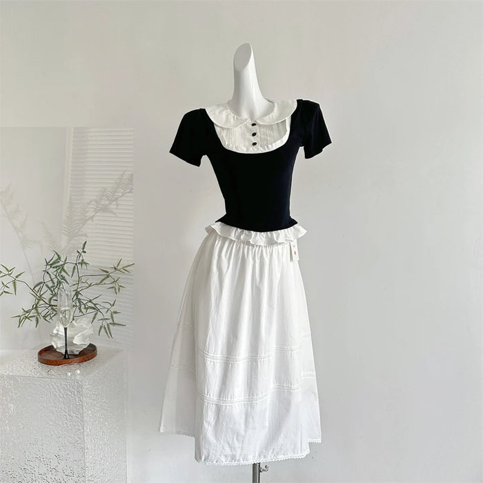 Summer Women Korean Mori Girl 2000s Aesthetic Cute Core Outfits 2 Piece Set Short Sleeve Peter Pan Collar Crop Top + Midi Skirt