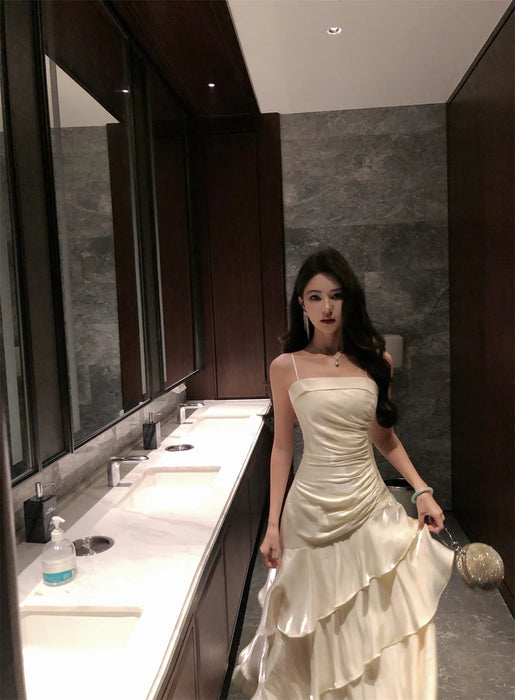 French Elegant Ruffles Sling Women's Mermaid Dresses Prom Gown Soild Zipper Tierred Shoulder Dress 2025 Summer Chic New Vestidos