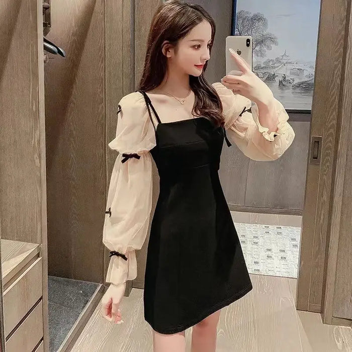 Women's Long Sleeve Dresses Mesh Party One-piece Loose Korean Style Outfits Elegant Luxury Pretty Hot Female Dress Evening Prom
