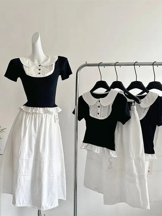 Summer Women Korean Mori Girl 2000s Aesthetic Cute Core Outfits 2 Piece Set Short Sleeve Peter Pan Collar Crop Top + Midi Skirt