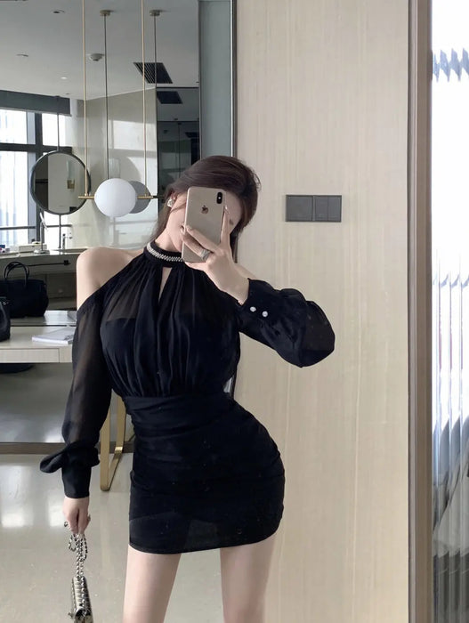 Off Shoulder Dresses for Women Spring Autumn 2025 Beach Korean Fashion One Pieces Curvy Hot Kpop Chiffon Woman Long Sleeve Dress