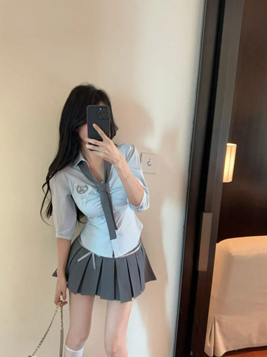 Korean College Sle Sweet And Spicy irt Top with Waist-Cinching Midi Skirt Set Cotton Blend Seven-quarter Sve Tie-waist