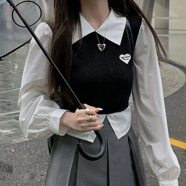 Women's Spring Autumn Preppy Style Clothing 2025 New Student Patchwork Shirt Mini Pleated Skirts Outfits High School Uniform