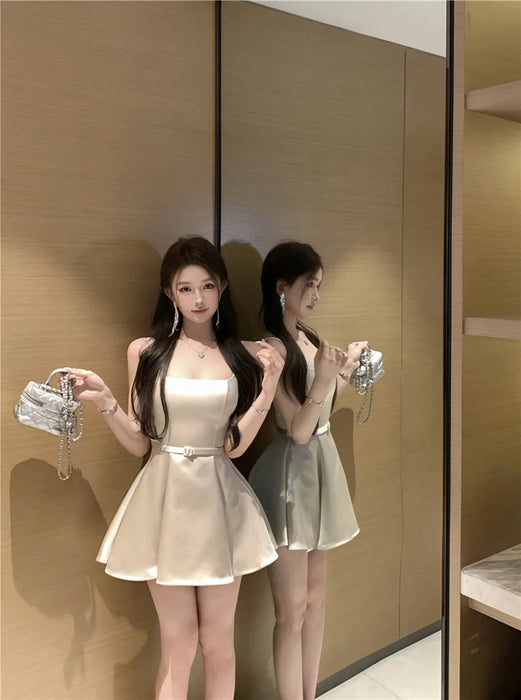 Ele Satin Slim Fit ter Dr Women's Summer High Waist Flared ort Skirt Slimming A-Line Dr Korean Sle Casual Wear