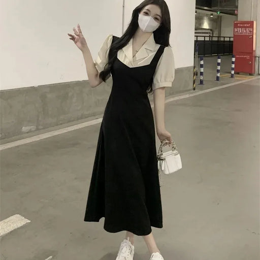 Plus Size Color Block Shirt Dress Women's Summer New Style Slimming Hepburn Style Midi Dress Fake Two-Piece Waist-Cinching
