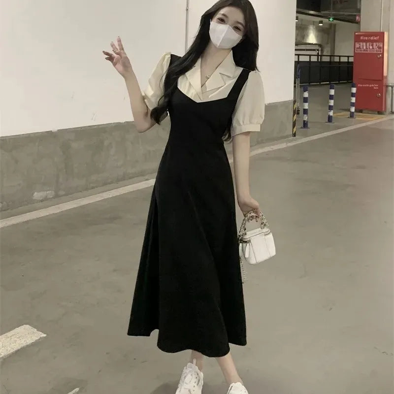 VenusFox Plus Size Color Block Shirt Dress Women's Summer New Style Slimming Hepburn Style Midi Dress Fake Two-Piece Waist-Cinching