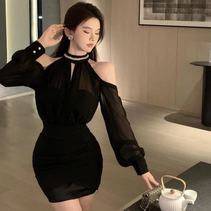Off Shoulder Dresses for Women Spring Autumn 2025 Beach Korean Fashion One Pieces Curvy Hot Kpop Chiffon Woman Long Sleeve Dress