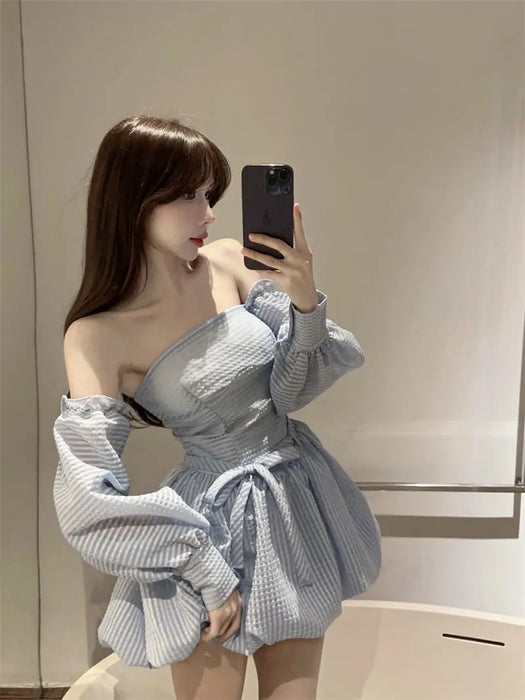 VenusFox French Strapless Dress Women Spring Summer Temperament High-end Sexy Backless Princess Puffy Dresses Shorts Set