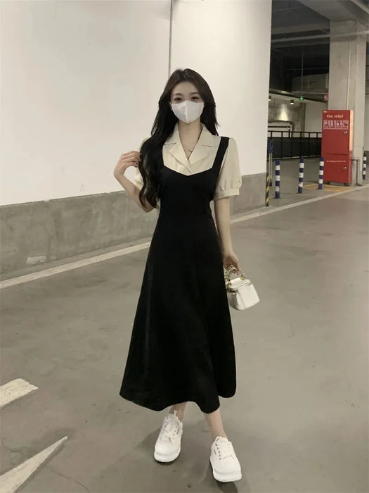 VenusFox Plus Size Color Block Shirt Dress Women's Summer New Style Slimming Hepburn Style Midi Dress Fake Two-Piece Waist-Cinching