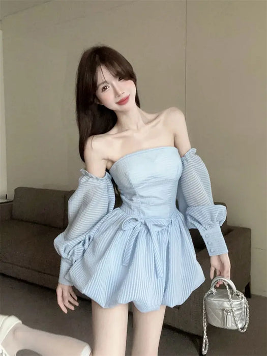 VenusFox French Strapless Dress Women Spring Summer Temperament High-end Sexy Backless Princess Puffy Dresses Shorts Set