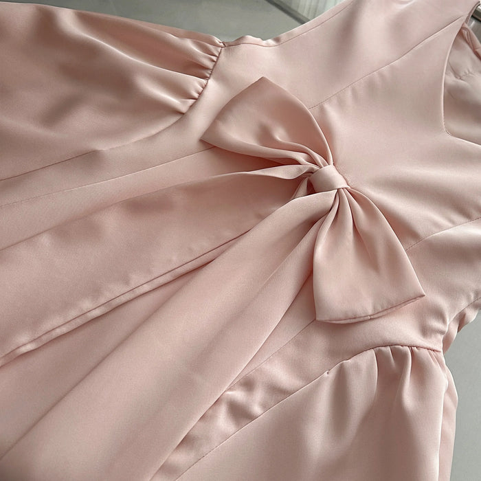 Summer Women Ballet Core Preppy Bow Satins A-line Dress Mini Frocks Backless One-Piece Evening Party Shoujo Gyaru Old Money