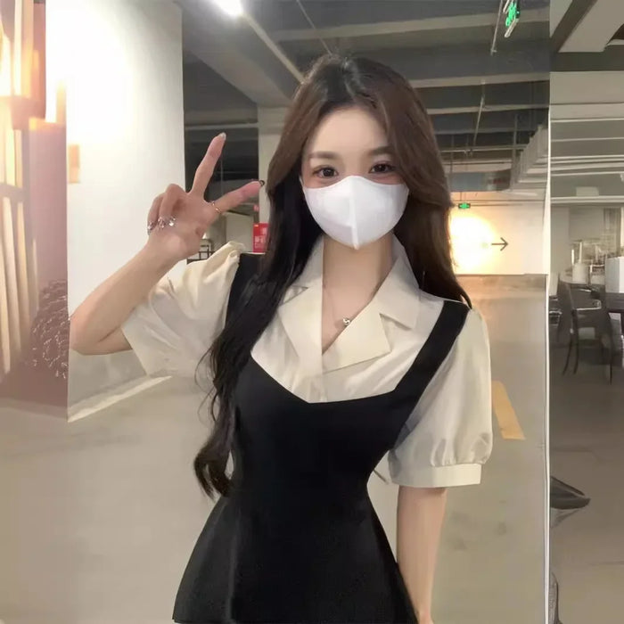 VenusFox Plus Size Color Block Shirt Dress Women's Summer New Style Slimming Hepburn Style Midi Dress Fake Two-Piece Waist-Cinching