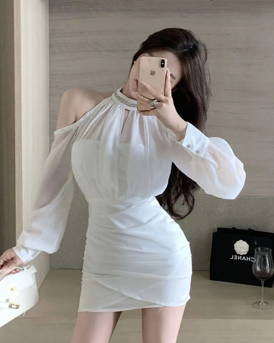 Off Shoulder Dresses for Women Spring Autumn 2025 Beach Korean Fashion One Pieces Curvy Hot Kpop Chiffon Woman Long Sleeve Dress