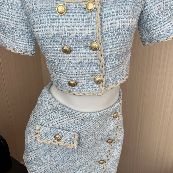 Elegant Chic Vintage Tweed Sets Women Outfits Puff Sleeve Double Breasted Cropped Tops + Asymmetrical Mini Skirt Two Piece Suits