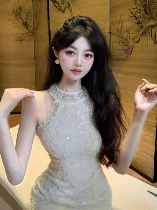 VenusFox Evening Dresses Women Flowers Elegant Mesh Patchwork Sleeveless Rhinestone Hollow Out Wedding Party Cocktail Birthday