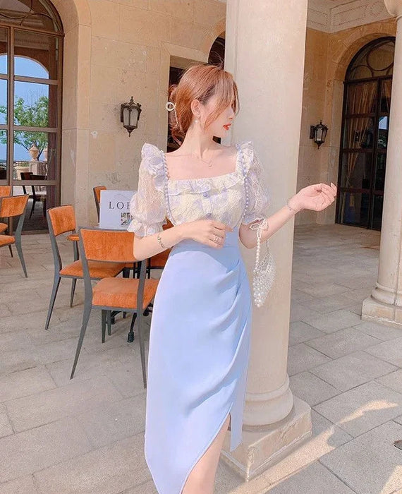 2 Pieces Sets for Women Short Sleeve Skirt Slit Kawaii Clothing Trend 2024 Formal Occasion Luxury Designer Event Woman Outfit