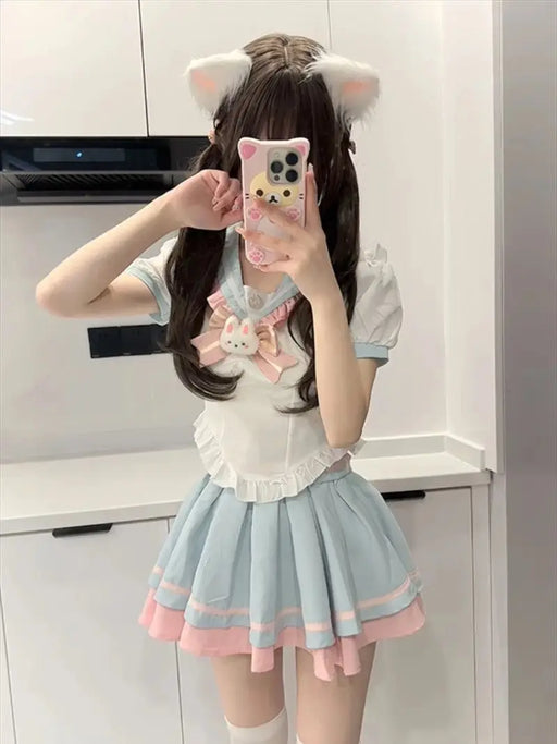 Y2k Sweet Style Skirt Set Bow Tie Peter Pan Collar Top High-Waist Puffy Skirt 2 Piece Set Summer Preppy JK Sailor Uniform Outfit