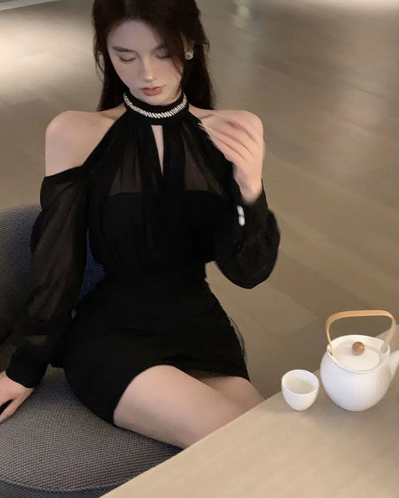 Off Shoulder Dresses for Women Spring Autumn 2025 Beach Korean Fashion One Pieces Curvy Hot Kpop Chiffon Woman Long Sleeve Dress