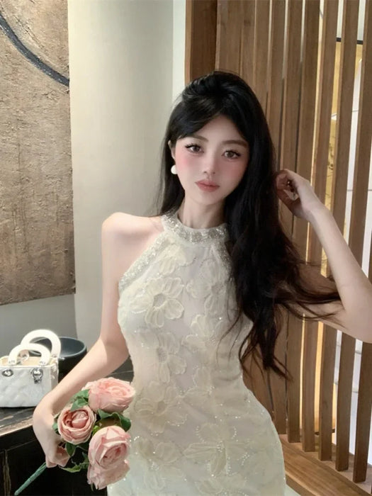 VenusFox Evening Dresses Women Flowers Elegant Mesh Patchwork Sleeveless Rhinestone Hollow Out Wedding Party Cocktail Birthday