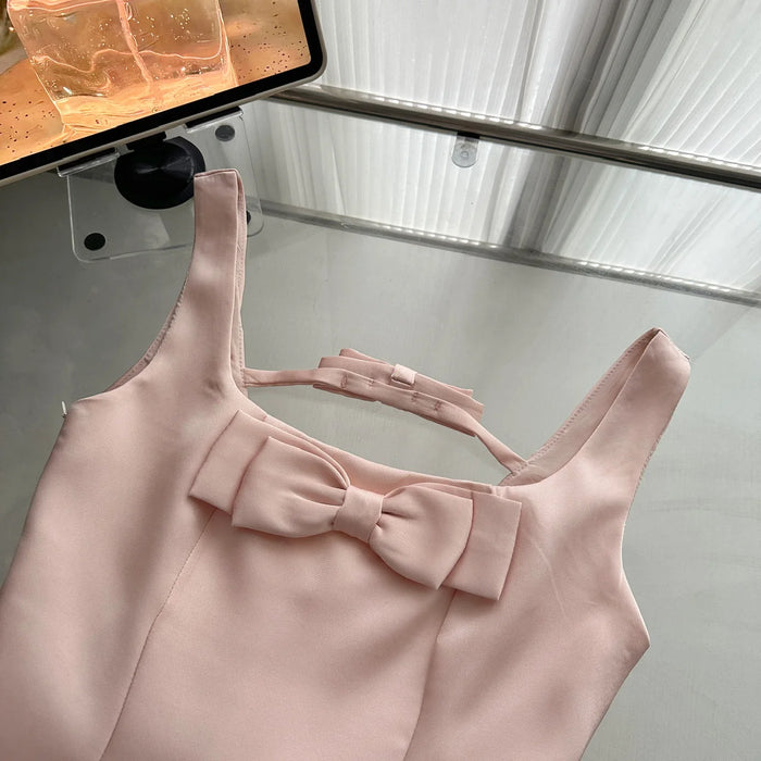 Summer Women Ballet Core Preppy Bow Satins A-line Dress Mini Frocks Backless One-Piece Evening Party Shoujo Gyaru Old Money