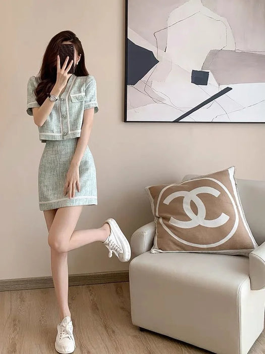 French Vintage Small Fragrance Two Piece Set Women Short Jacket Coat + Mini Skirt Sets Korean Fashion Summer 2 Piece Outfit