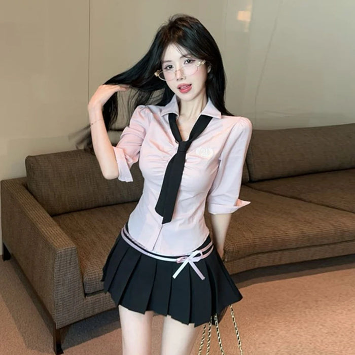 Korean College Sle Sweet And Spicy irt Top with Waist-Cinching Midi Skirt Set Cotton Blend Seven-quarter Sve Tie-waist