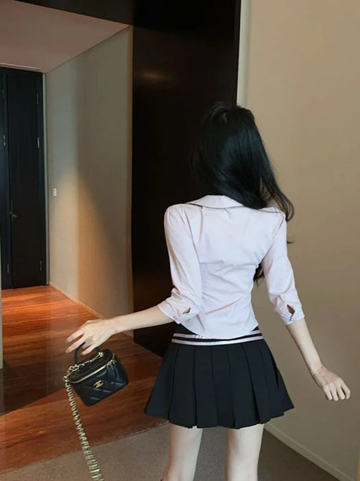 Korean College Sle Sweet And Spicy irt Top with Waist-Cinching Midi Skirt Set Cotton Blend Seven-quarter Sve Tie-waist