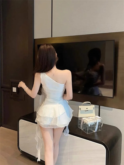 VenusFox Party Mini Dresses Women Sexy Sleeveless Ruffles Ribbon Irregular Backless Slim Sweet Elegant Dress Ladies Club Fashion
