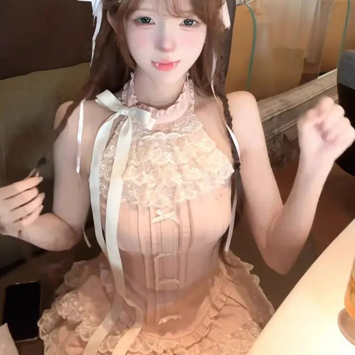 Y2k Japanese Sweet Kawaii 2 Piece Set Women Bow Lace Slim Tops Vest Fluffy Cake Mini Skirt Suits Summer Cute Dresses Cute Sets