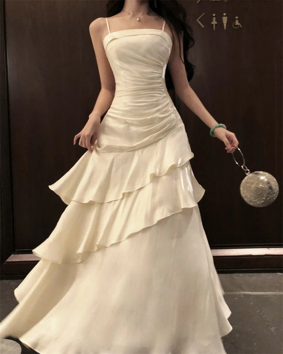French Elegant Ruffles Sling Women's Mermaid Dresses Prom Gown Soild Zipper Tierred Shoulder Dress 2025 Summer Chic New Vestidos
