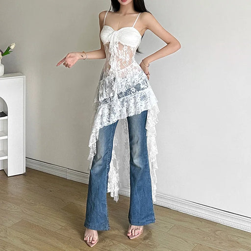 VenusFox Women's Lace Cami Maxi Dress – Elegant Ruffle Irregular Hem Dress