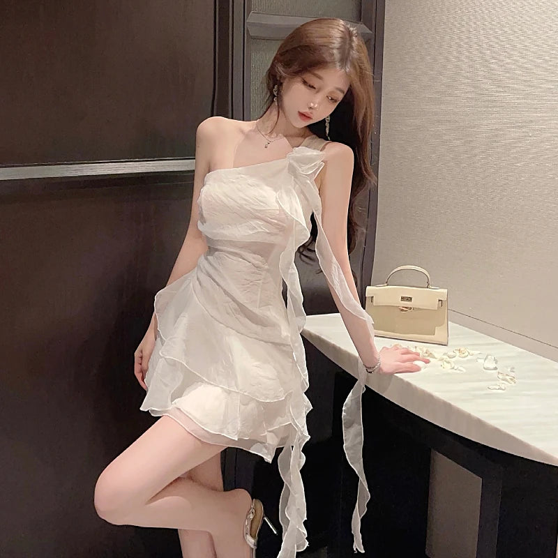VenusFox Party Mini Dresses Women Sexy Sleeveless Ruffles Ribbon Irregular Backless Slim Sweet Elegant Dress Ladies Club Fashion