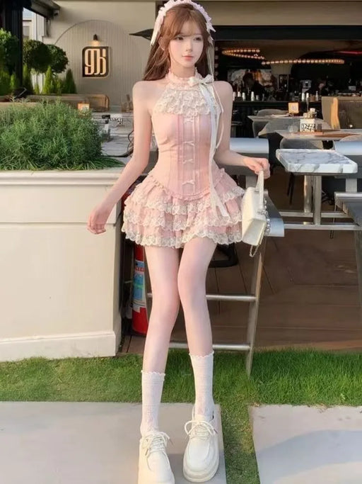 Y2k Japanese Sweet Kawaii 2 Piece Set Women Bow Lace Slim Tops Vest Fluffy Cake Mini Skirt Suits Summer Cute Dresses Cute Sets