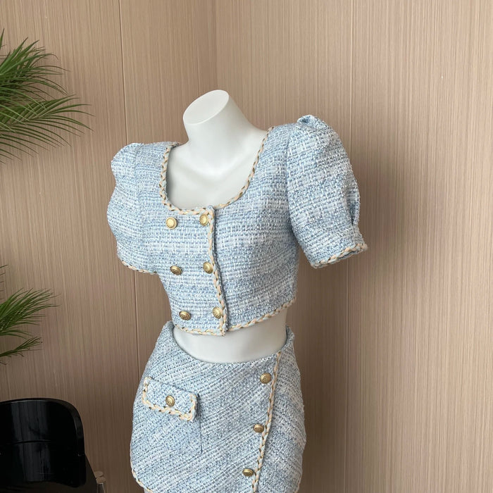 Elegant Chic Vintage Tweed Sets Women Outfits Puff Sleeve Double Breasted Cropped Tops + Asymmetrical Mini Skirt Two Piece Suits