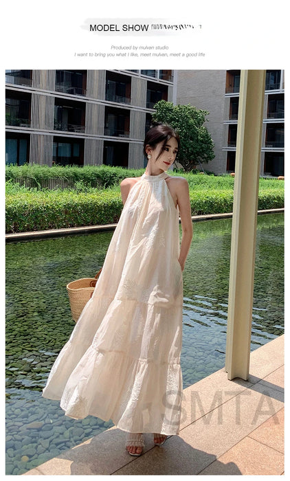 VenusFox Temperament Bohemian Seaside Resort Style Sexy Loose Hanging Neck Character Embroidery Sleeveless Midi Dress Women Summer
