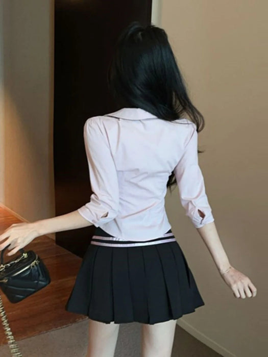 Korean College Sle Sweet And Spicy irt Top with Waist-Cinching Midi Skirt Set Cotton Blend Seven-quarter Sve Tie-waist