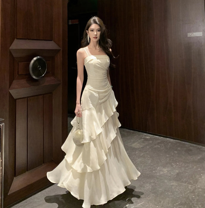French Elegant Ruffles Sling Women's Mermaid Dresses Prom Gown Soild Zipper Tierred Shoulder Dress 2025 Summer Chic New Vestidos