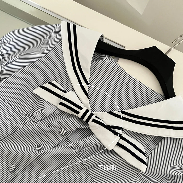 Summer Women Shoujo Korean Preppy Outfits 2 Piece School Uniform Set Striped Crop Sailor Collar Shirt + High Waist Pleated Skirt