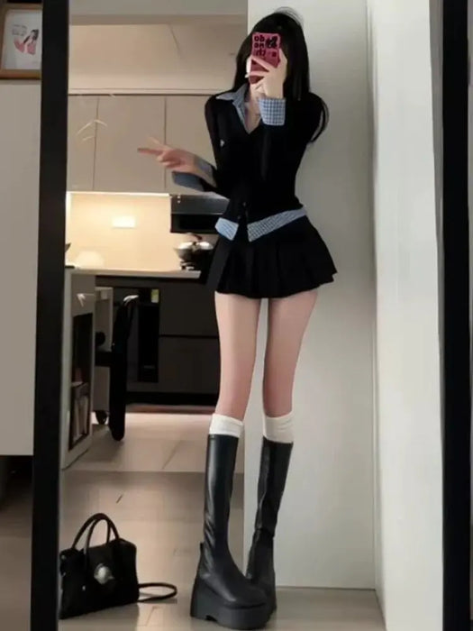 Sweet And Spicy Korean Sle irt And Skirt Set Women's Early Spring College Sle Stripe Splicing Pleated Skirt Two Piece S...