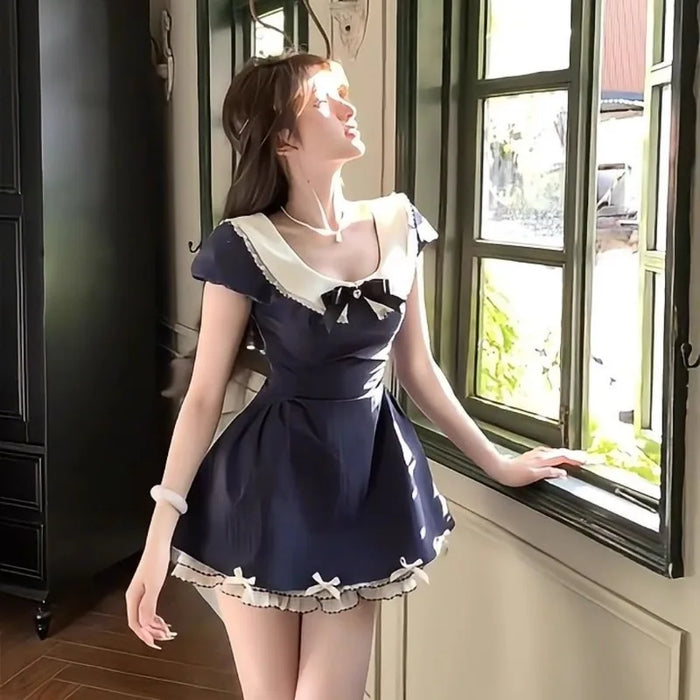 VenusFox French Cute Girl Pink Dress 2025 Summer Women New Gentle Lace Sweet Fresh Slimming Temperament Bow A-line Short Dresses