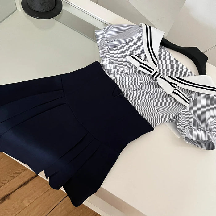 Summer Women Shoujo Korean Preppy Outfits 2 Piece School Uniform Set Striped Crop Sailor Collar Shirt + High Waist Pleated Skirt