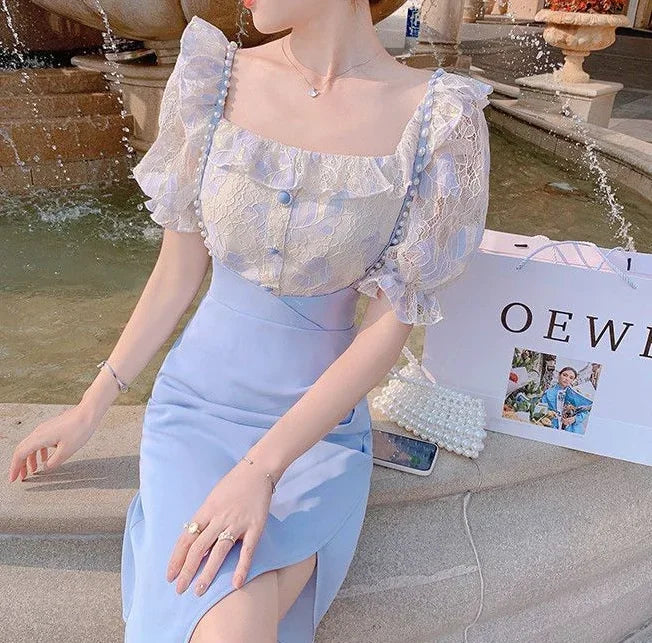 2 Pieces Sets for Women Short Sleeve Skirt Slit Kawaii Clothing Trend 2024 Formal Occasion Luxury Designer Event Woman Outfit
