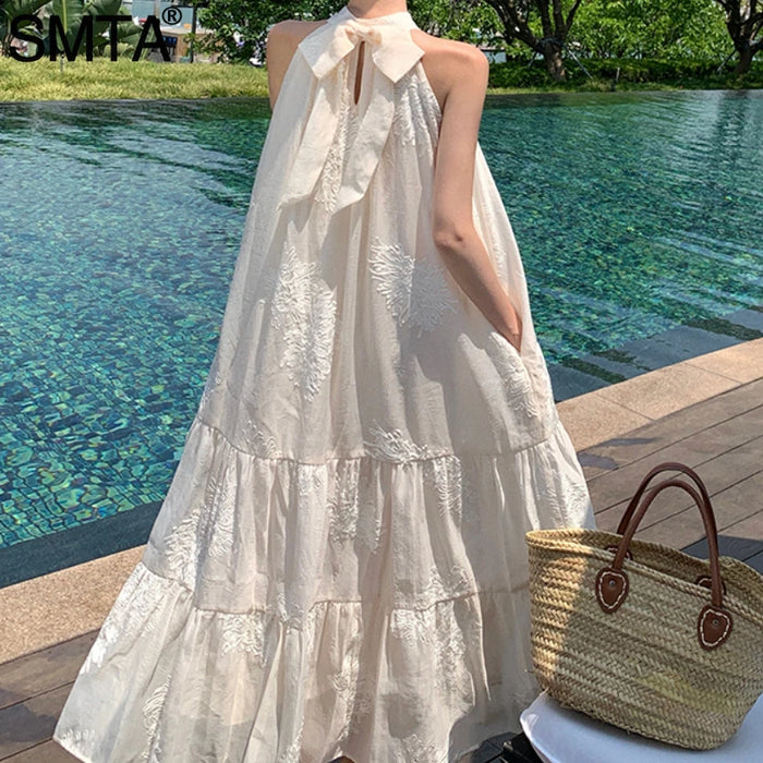 VenusFox Temperament Bohemian Seaside Resort Style Sexy Loose Hanging Neck Character Embroidery Sleeveless Midi Dress Women Summer