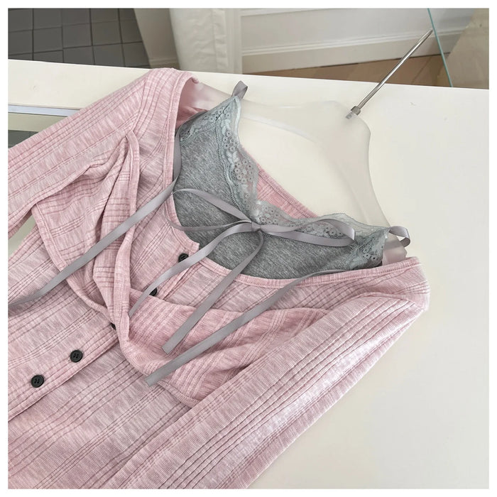 2025 Spring Women Birthday Ballet Core Korean Fashion Outfits 3 Piece Set Shoujo Lace Camisole +  Long Sleeve Tops + Mini Skirts