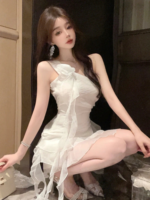 VenusFox Party Mini Dresses Women Sexy Sleeveless Ruffles Ribbon Irregular Backless Slim Sweet Elegant Dress Ladies Club Fashion