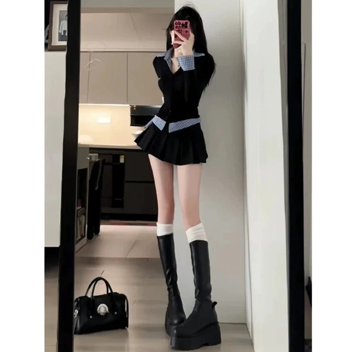 Sweet And Spicy Korean Sle irt And Skirt Set Women's Early Spring College Sle Stripe Splicing Pleated Skirt Two Piece S...