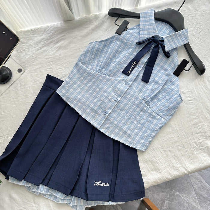 Summer Women Kpop Preppy Style 2000s Aesthetic Outfits 2 Piece Set Bow Plaid Tank Tops + High Waist A-line Mini Pleated Skirt