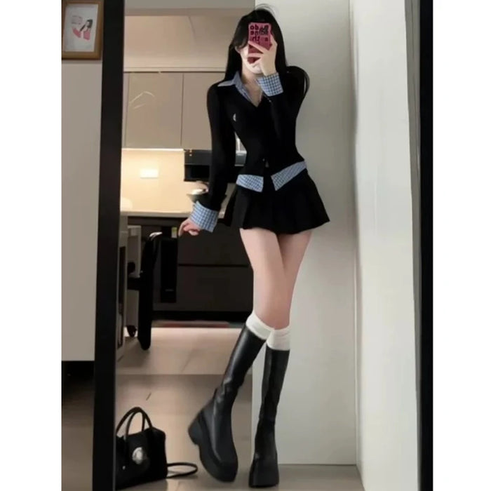 Sweet And Spicy Korean Sle irt And Skirt Set Women's Early Spring College Sle Stripe Splicing Pleated Skirt Two Piece S...