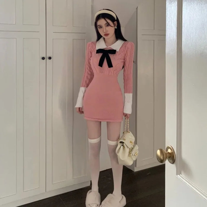 Bow Female Knit Dress High Quality Deals Trend Fashion Korean Comfortable Casual Essential New in Pink Women's Crochet Dresses