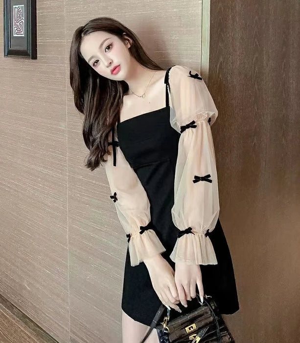 Women's Long Sleeve Dresses Mesh Party One-piece Loose Korean Style Outfits Elegant Luxury Pretty Hot Female Dress Evening Prom